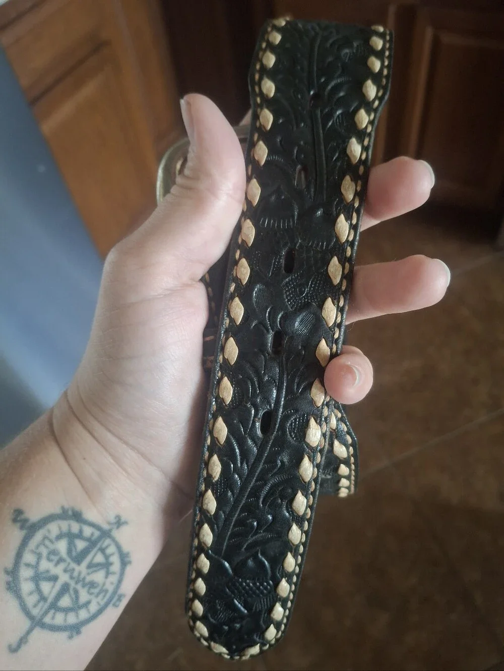 Black Tooled Leather Men's Belt with Contrast Stitching
